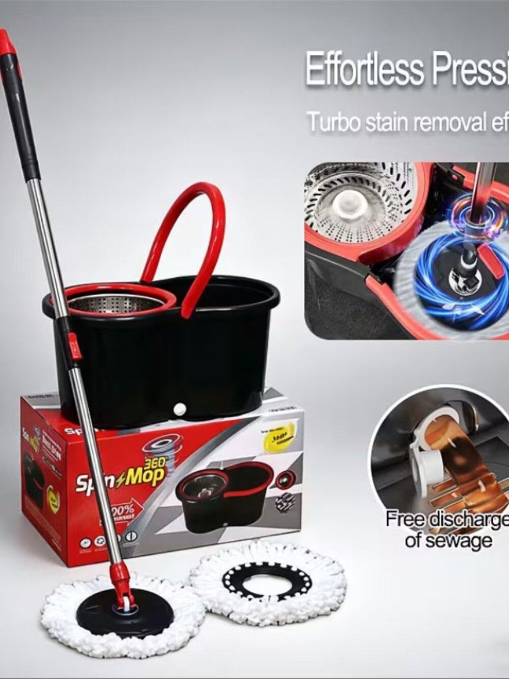360° Spin Mop & Bucket Set w/ 3 Microfiber Heads, Stainless Steel Wringer